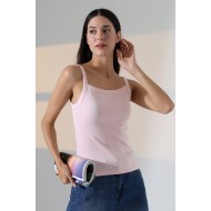 Ribana Kumaş Kare Yaka Kalın Askılı Biyeli Basic Kadın Atlet T-Shirt 22018 PUDRA