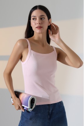 Ribana Kumaş Kare Yaka Kalın Askılı Biyeli Basic Kadın Atlet T-Shirt 22018 PUDRA