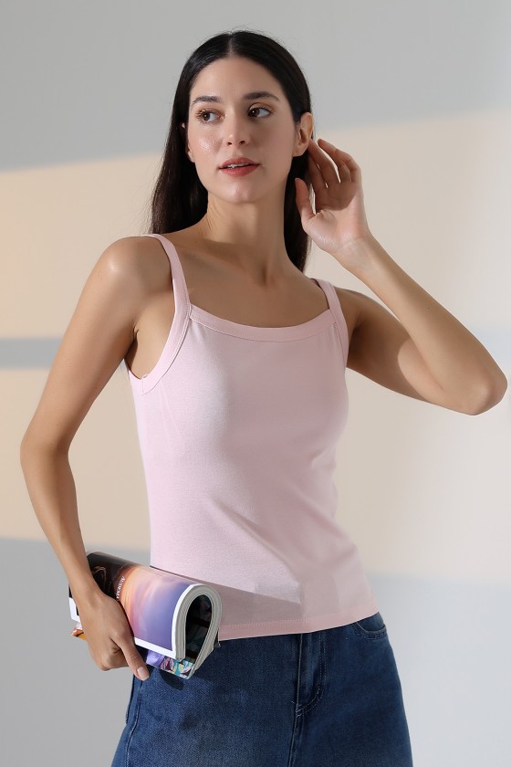 Ribana Kumaş Kare Yaka Kalın Askılı Biyeli Basic Kadın Atlet T-Shirt 22018 PUDRA