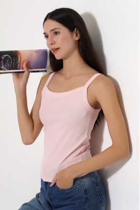 Ribana Kumaş Kare Yaka Kalın Askılı Biyeli Basic Kadın Atlet T-Shirt 22018 PUDRA