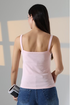 Ribana Kumaş Kare Yaka Kalın Askılı Biyeli Basic Kadın Atlet T-Shirt 22018 PUDRA