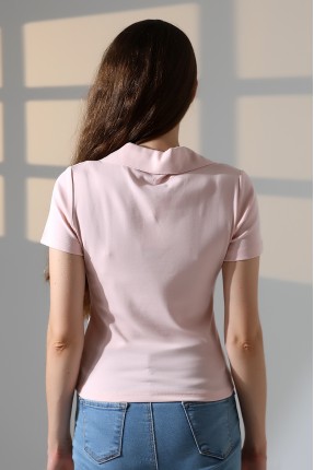 Relax Fit Rahat Kesim Pamuklu Ribana Gömlek Yaka Kısa Kol Basic Kadın Tshirt 22023 PUDRA