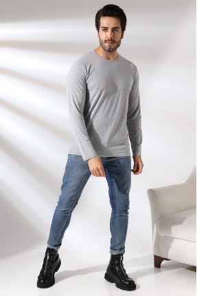 Compact Penye Likralı Regular Fit Uzun Kol Bisiklet Yaka T-Shirt 21483 GRİMELANJ