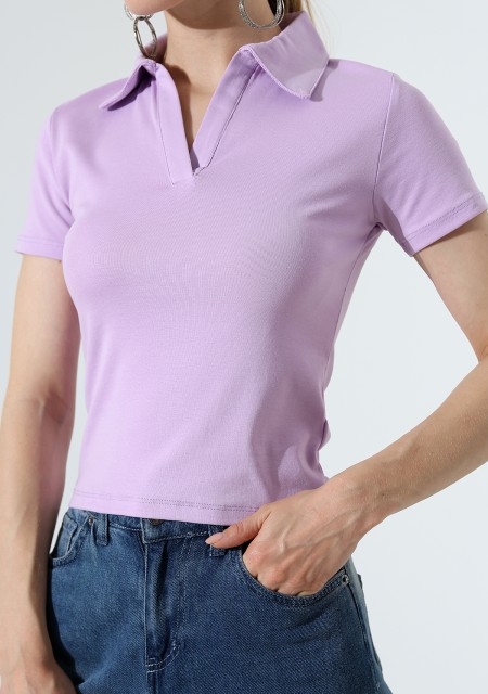 Relax Fit Rahat Kesim Pamuklu Ribana Gömlek Yaka Kısa Kol Basic Kadın Tshirt 22023 AÇIK LİLA