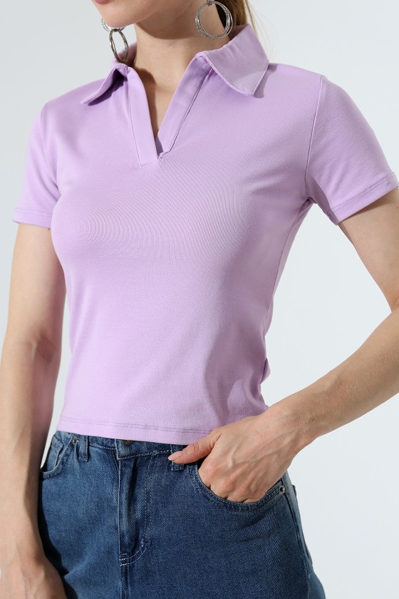 Relax Fit Rahat Kesim Pamuklu Ribana Gömlek Yaka Kısa Kol Basic Kadın Tshirt 22023 AÇIK LİLA