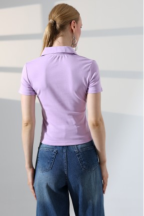 Relax Fit Rahat Kesim Pamuklu Ribana Gömlek Yaka Kısa Kol Basic Kadın Tshirt 22023 AÇIK LİLA