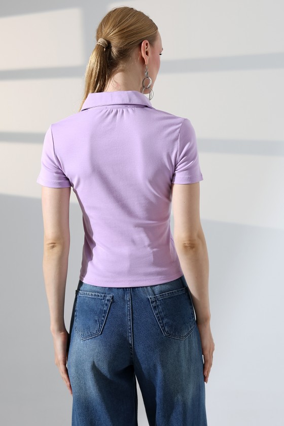 Relax Fit Rahat Kesim Pamuklu Ribana Gömlek Yaka Kısa Kol Basic Kadın Tshirt 22023 AÇIK LİLA