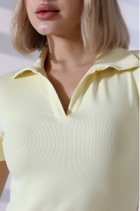 Relax Fit Rahat Kesim Pamuklu Ribana Gömlek Yaka Kısa Kol Basic Kadın Tshirt 22023 AÇIK SARI