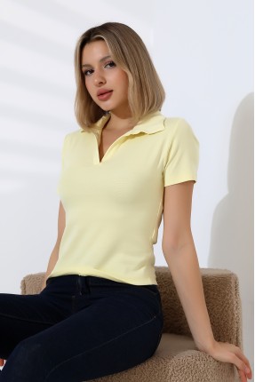 Relax Fit Rahat Kesim Pamuklu Ribana Gömlek Yaka Kısa Kol Basic Kadın Tshirt 22023 AÇIK SARI