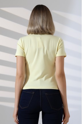 Relax Fit Rahat Kesim Pamuklu Ribana Gömlek Yaka Kısa Kol Basic Kadın Tshirt 22023 AÇIK SARI