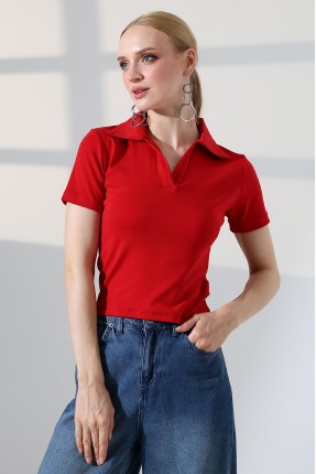 Relax Fit Rahat Kesim Pamuklu Ribana Gömlek Yaka Kısa Kol Basic Kadın Tshirt 22023 KIRMIZI