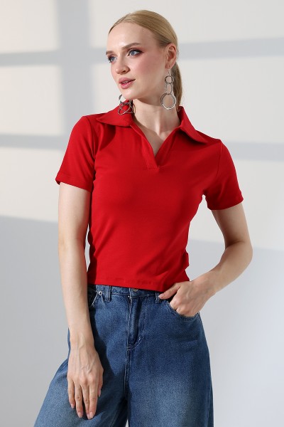 Relax Fit Rahat Kesim Pamuklu Ribana Gömlek Yaka Kısa Kol Basic Kadın Tshirt 22023 KIRMIZI