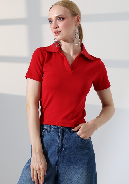 Relax Fit Rahat Kesim Pamuklu Ribana Gömlek Yaka Kısa Kol Basic Kadın Tshirt 22023 KIRMIZI