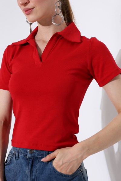 Relax Fit Rahat Kesim Pamuklu Ribana Gömlek Yaka Kısa Kol Basic Kadın Tshirt 22023 KIRMIZI