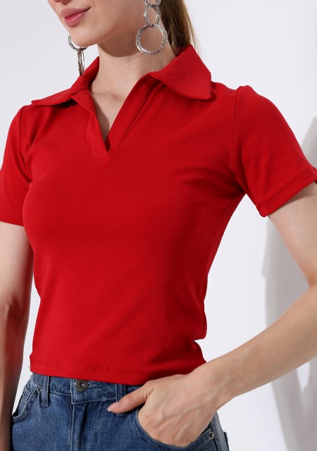 Relax Fit Rahat Kesim Pamuklu Ribana Gömlek Yaka Kısa Kol Basic Kadın Tshirt 22023 KIRMIZI
