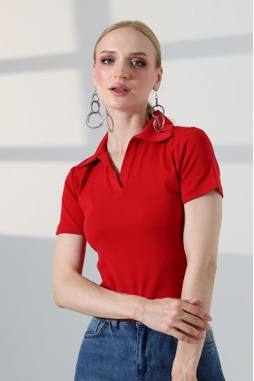 Relax Fit Rahat Kesim Pamuklu Ribana Gömlek Yaka Kısa Kol Basic Kadın Tshirt 22023 KIRMIZI