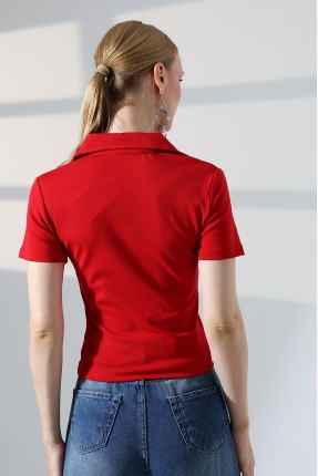 Relax Fit Rahat Kesim Pamuklu Ribana Gömlek Yaka Kısa Kol Basic Kadın Tshirt 22023 KIRMIZI