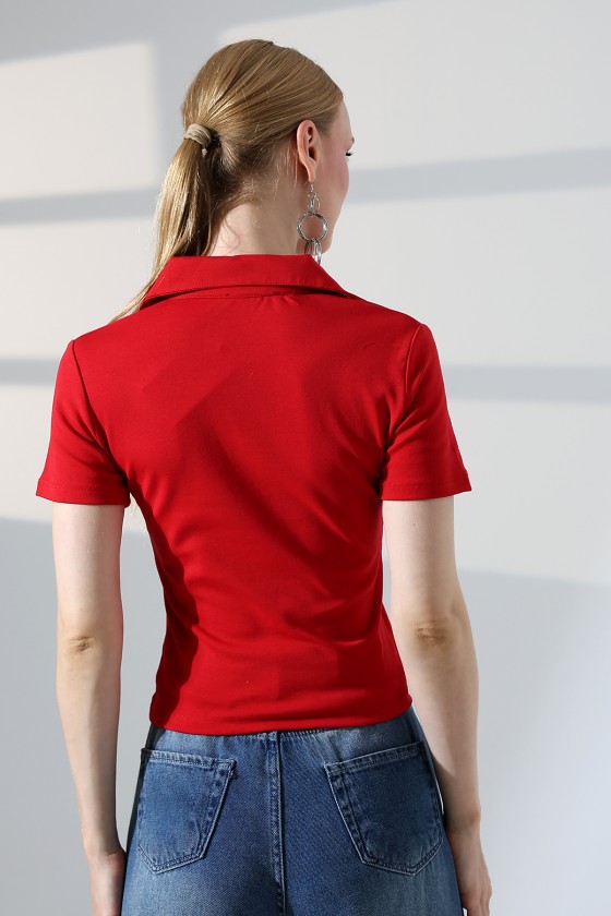 Relax Fit Rahat Kesim Pamuklu Ribana Gömlek Yaka Kısa Kol Basic Kadın Tshirt 22023 KIRMIZI