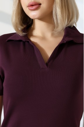 Relax Fit Rahat Kesim Pamuklu Ribana Gömlek Yaka Kısa Kol Basic Kadın Tshirt 22023 MÜRDÜM