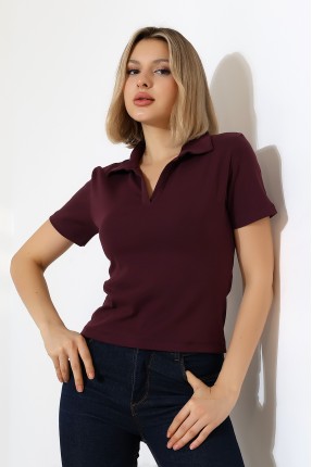 Relax Fit Rahat Kesim Pamuklu Ribana Gömlek Yaka Kısa Kol Basic Kadın Tshirt 22023 MÜRDÜM