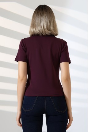 Relax Fit Rahat Kesim Pamuklu Ribana Gömlek Yaka Kısa Kol Basic Kadın Tshirt 22023 MÜRDÜM