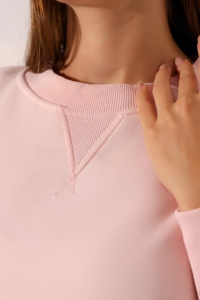 Relax Rahat Kesim Yanları Yırtmaçlı Bisiklet Yaka Pamuklu Basic Kadın Sweatshirt 21925 PUDRA