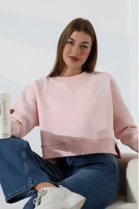 Relax Rahat Kesim Yanları Yırtmaçlı Bisiklet Yaka Pamuklu Basic Kadın Sweatshirt 21925 PUDRA