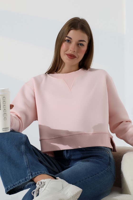 Relax Rahat Kesim Yanları Yırtmaçlı Bisiklet Yaka Pamuklu Basic Kadın Sweatshirt 21925 PUDRA