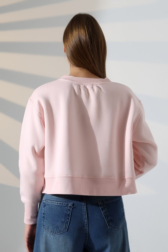 Relax Rahat Kesim Yanları Yırtmaçlı Bisiklet Yaka Pamuklu Basic Kadın Sweatshirt 21925 PUDRA