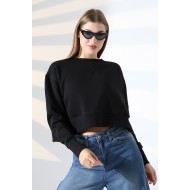 Relax Rahat Kesim Yanları Yırtmaçlı Bisiklet Yaka Pamuklu Basic Kadın Sweatshirt 21925 SİYAH