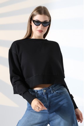 Relax Rahat Kesim Yanları Yırtmaçlı Bisiklet Yaka Pamuklu Basic Kadın Sweatshirt 21925 SİYAH
