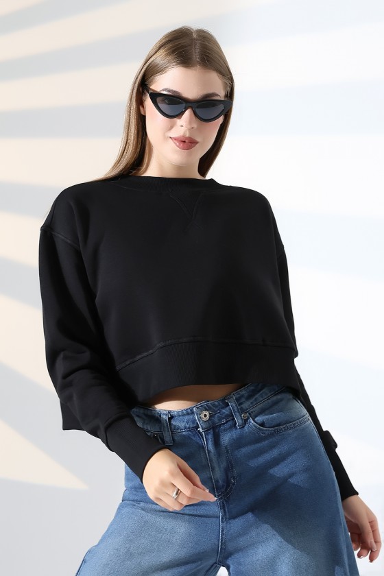 Relax Rahat Kesim Yanları Yırtmaçlı Bisiklet Yaka Pamuklu Basic Kadın Sweatshirt 21925 SİYAH