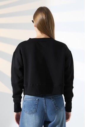 Relax Rahat Kesim Yanları Yırtmaçlı Bisiklet Yaka Pamuklu Basic Kadın Sweatshirt 21925 SİYAH