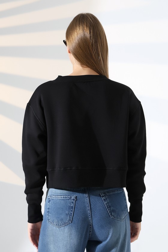 Relax Rahat Kesim Yanları Yırtmaçlı Bisiklet Yaka Pamuklu Basic Kadın Sweatshirt 21925 SİYAH
