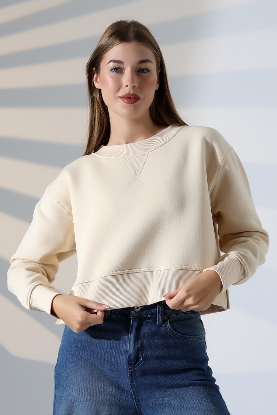 Relax Rahat Kesim Yanları Yırtmaçlı Bisiklet Yaka Pamuklu Basic Kadın Sweatshirt 21925 TAŞ