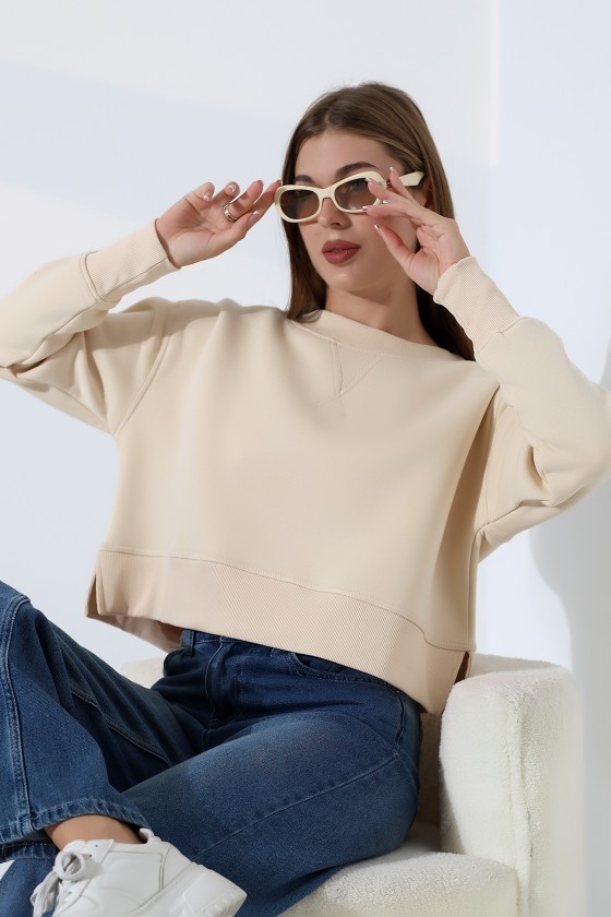 Relax Rahat Kesim Yanları Yırtmaçlı Bisiklet Yaka Pamuklu Basic Kadın Sweatshirt 21925 TAŞ