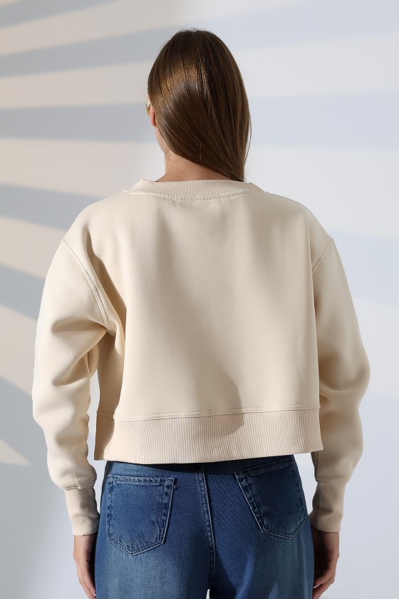 Relax Rahat Kesim Yanları Yırtmaçlı Bisiklet Yaka Pamuklu Basic Kadın Sweatshirt 21925 TAŞ