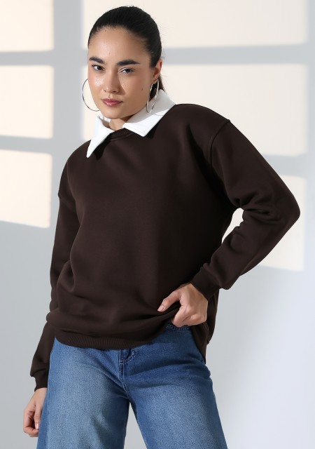 Relax Rahat Salaş Geniş Kesim Gömlek Yaka Pamuklu Kadın Sweatshirt 21985 KAHVE