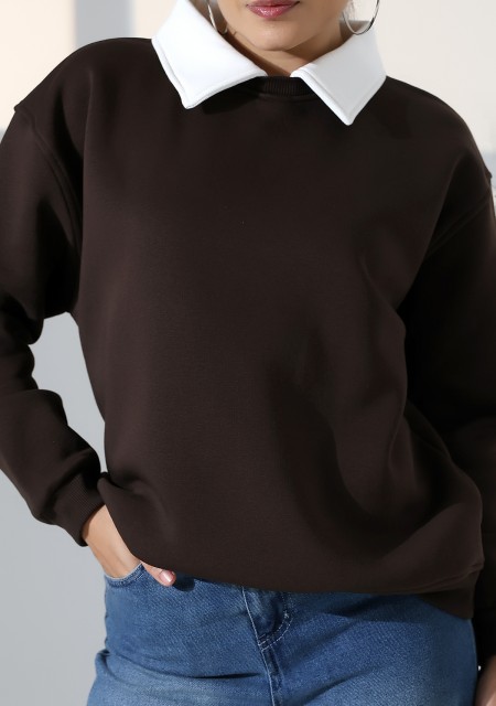 Relax Rahat Salaş Geniş Kesim Gömlek Yaka Pamuklu Kadın Sweatshirt 21985 KAHVE