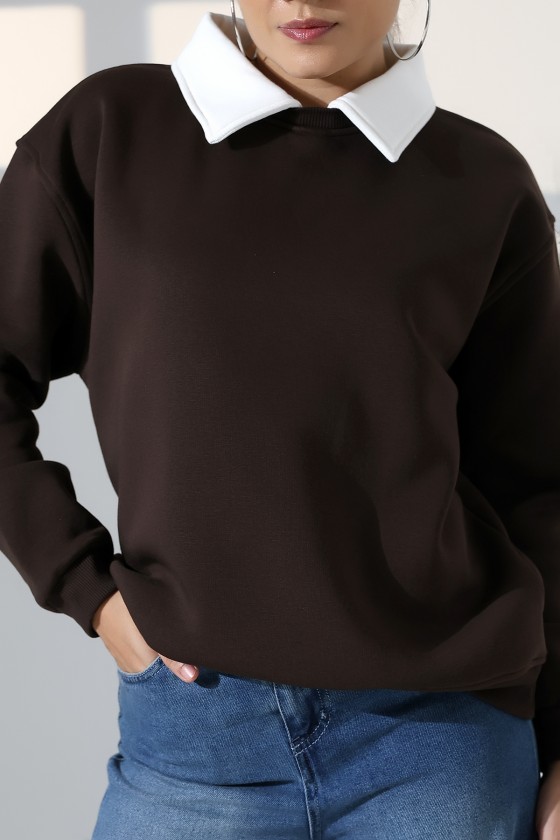 Relax Rahat Salaş Geniş Kesim Gömlek Yaka Pamuklu Kadın Sweatshirt 21985 KAHVE