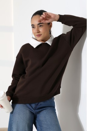 Relax Rahat Salaş Geniş Kesim Gömlek Yaka Pamuklu Kadın Sweatshirt 21985 KAHVE
