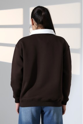 Relax Rahat Salaş Geniş Kesim Gömlek Yaka Pamuklu Kadın Sweatshirt 21985 KAHVE
