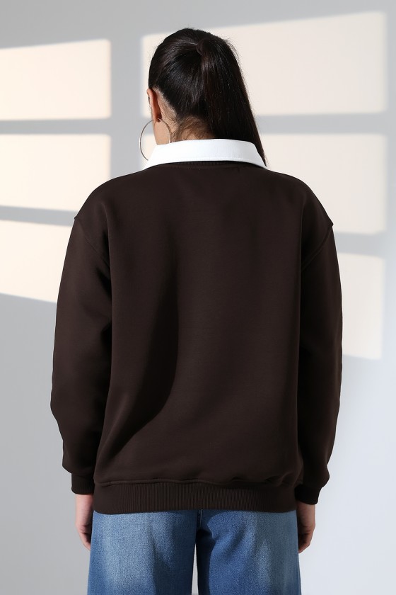 Relax Rahat Salaş Geniş Kesim Gömlek Yaka Pamuklu Kadın Sweatshirt 21985 KAHVE