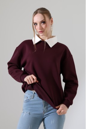 Relax Rahat Salaş Geniş Kesim Gömlek Yaka Pamuklu Kadın Sweatshirt 21985 MÜRDÜM