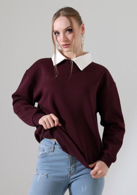 Relax Rahat Salaş Geniş Kesim Gömlek Yaka Pamuklu Kadın Sweatshirt 21985 MÜRDÜM