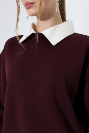 Relax Rahat Salaş Geniş Kesim Gömlek Yaka Pamuklu Kadın Sweatshirt 21985 MÜRDÜM