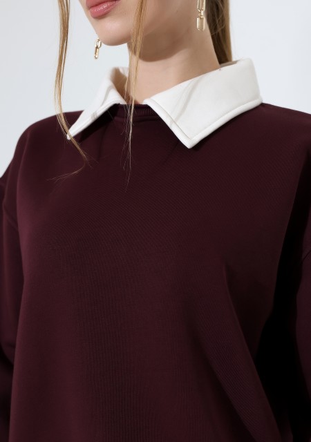 Relax Rahat Salaş Geniş Kesim Gömlek Yaka Pamuklu Kadın Sweatshirt 21985 MÜRDÜM