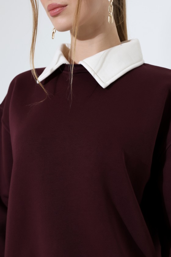 Relax Rahat Salaş Geniş Kesim Gömlek Yaka Pamuklu Kadın Sweatshirt 21985 MÜRDÜM