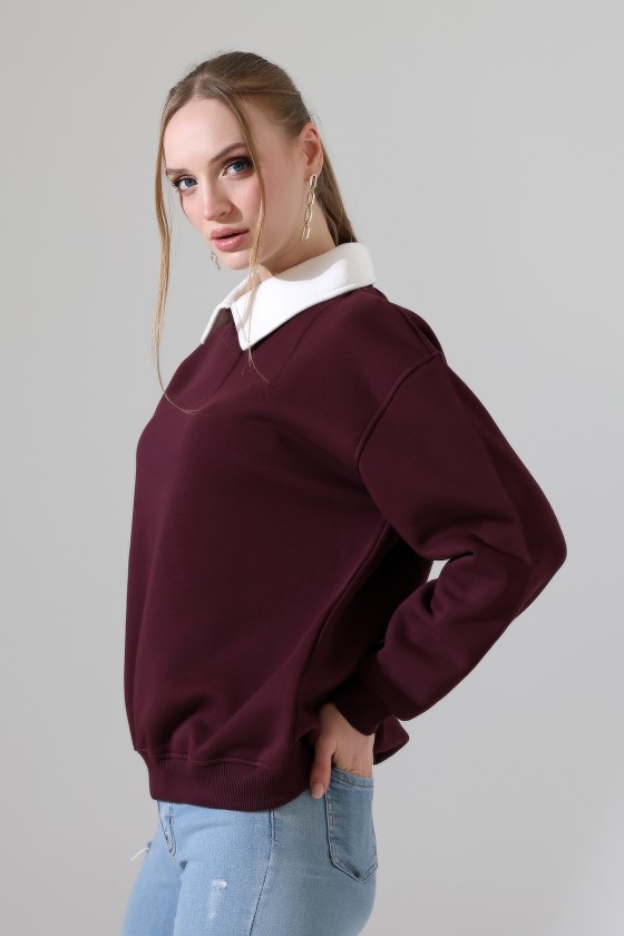 Relax Rahat Salaş Geniş Kesim Gömlek Yaka Pamuklu Kadın Sweatshirt 21985 MÜRDÜM