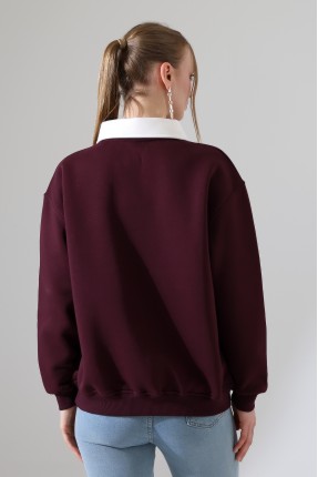 Relax Rahat Salaş Geniş Kesim Gömlek Yaka Pamuklu Kadın Sweatshirt 21985 MÜRDÜM